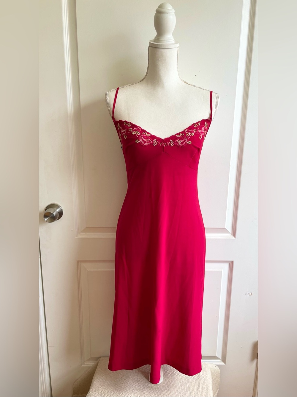Vintage 90s Lisa Ho Red Floral Appliqué Slip Dress Size 10 Y2K Rachel Green